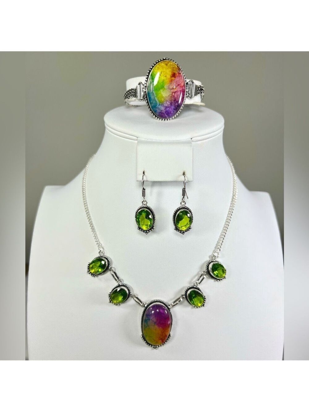 Rainbow Solar Quartz Peridot 925 Gemstone Necklace Bracelet & Earrings Set